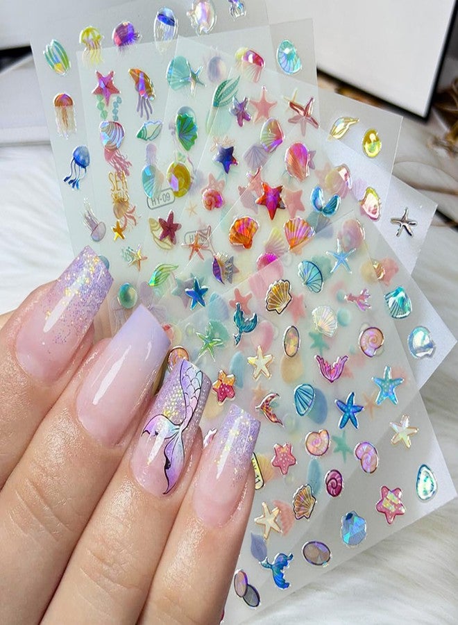 OSTTMA 12Sheets Summer Nail Art Stickers Shell Starfish Nail Stickers Cute Jellyfish Mermaid Nail Art Design 3D Self Adhesive Marine Life Nail Decals Summer Sea Theme Nail Supplies for Women Manicure Decor - Image 1